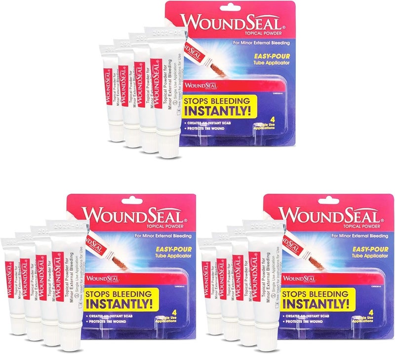 WoundSeal بودرة ووند سيل 4 كل (عبوة من 3) - رعاية الجروح الإسعافات الأولية للجروح والخدوش والتمزقات - توقف النزيف في ثوانٍ دون خياطة أو ضمادات - آمنة وفعالة للأشخاص من جميع الأعمار والحيوانات الأليفة - Image 1